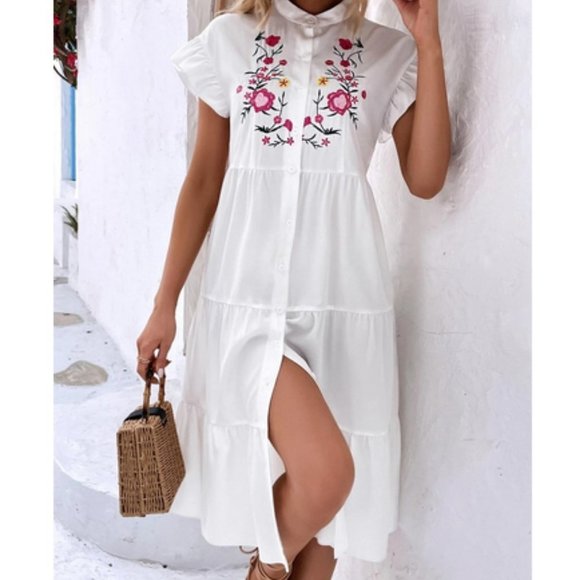 . Dresses & Skirts - White Boho Womens Floral Embroidery Ruffle Hem Smock Dress